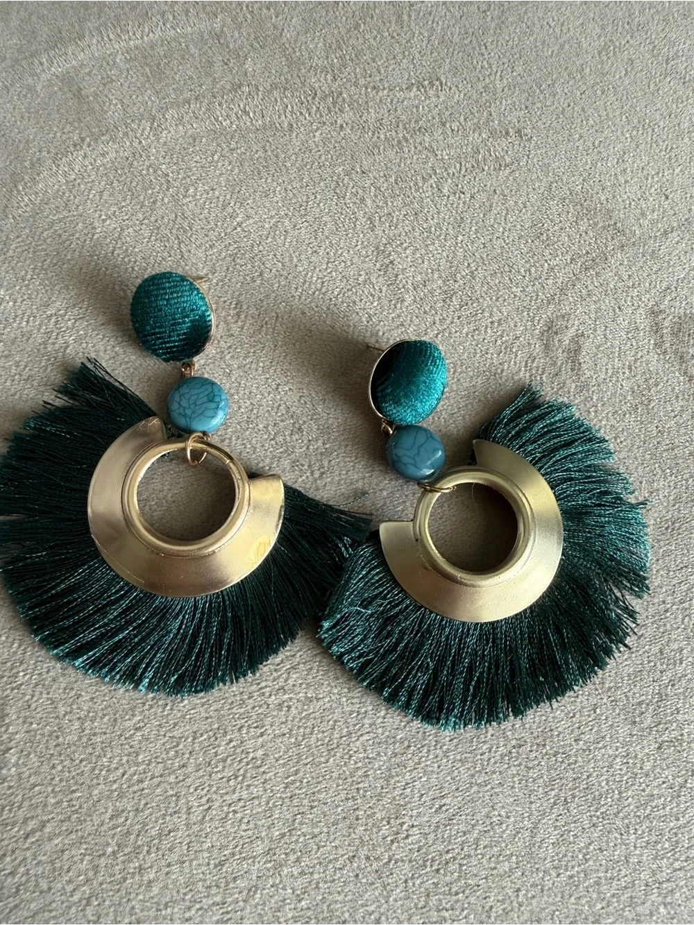 Teal Fringe Statement Earrings - Gold Accent